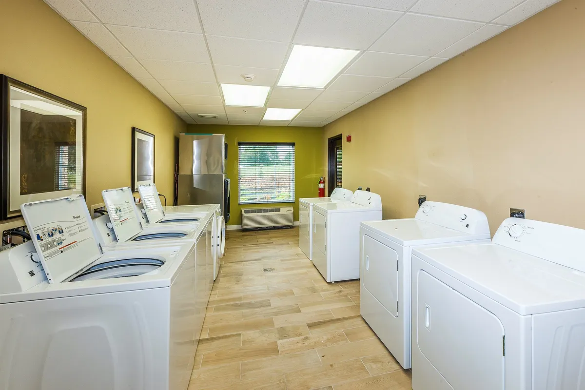 This image shows a bright and practical laundry room, featuring several modern washing machines and dryers arranged along the wall. Large windows let in plenty of natural light, making the space inviting. The clean, organized environment suggests ease of use and comfort for guests handling their laundry needs.